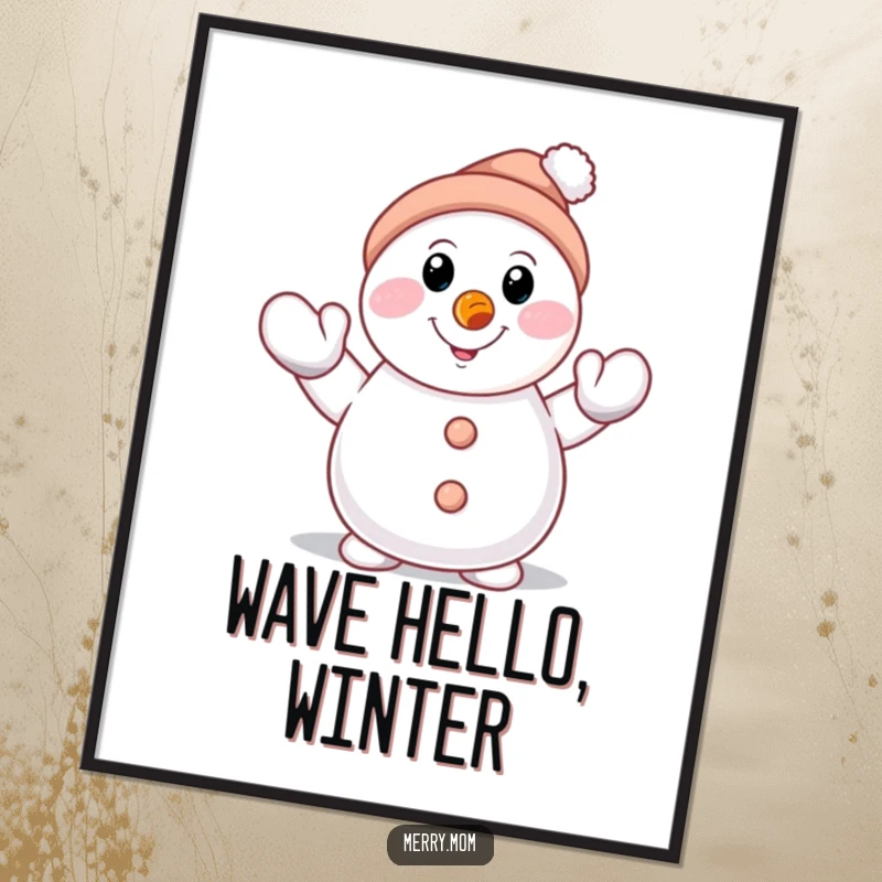 Funny smiling snowman character with carrot nose, waving a mittened hand, cheerful digital art print for humorous winter decor.