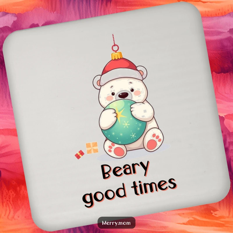 Funny kawaii polar bear hugging a large, twinkling Christmas ornament, serving as a festive and humorous drink coaster.