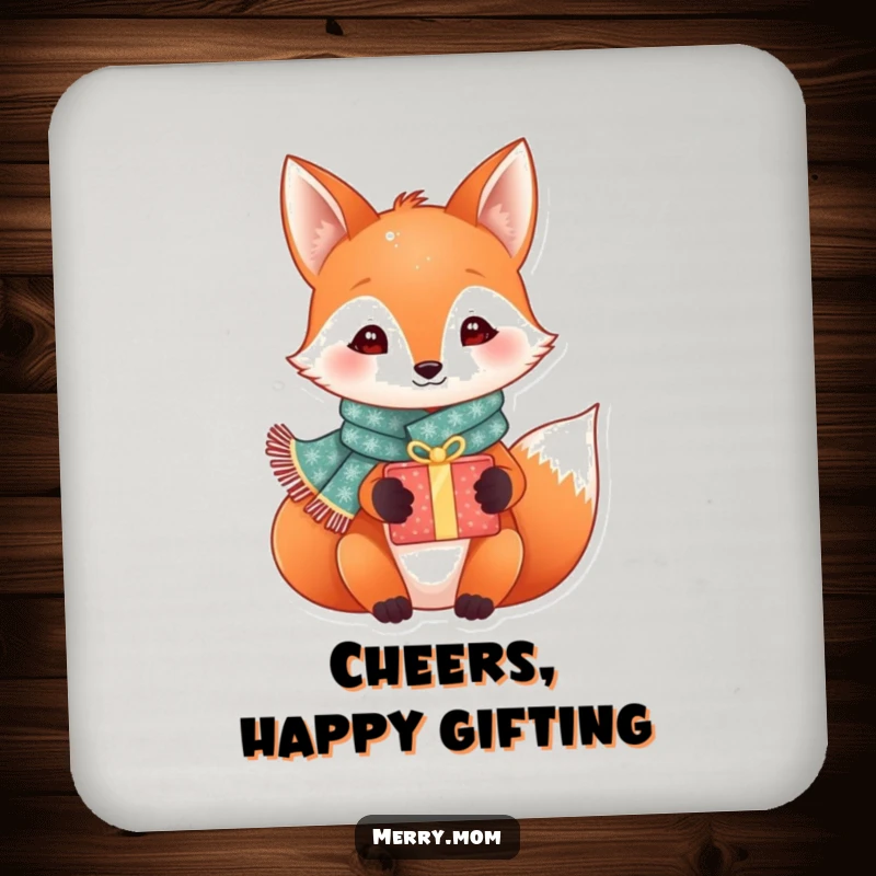 Funny festive fox in a sparkly scarf holding a gift box, set of coasters, protecting surfaces with holiday cheer.