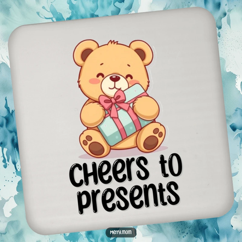 Funny drink coaster featuring a kawaii teddy bear hugging a wrapped present, a delightful and charming addition.