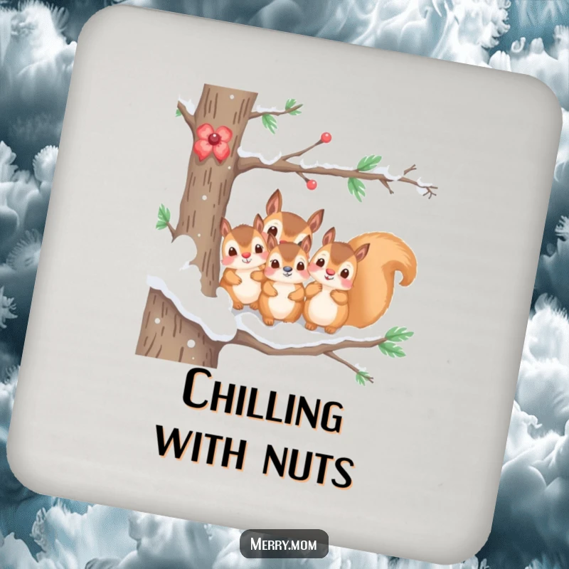 Funny set of drink coasters with a kawaii squirrel family peeking from a snowy branch, protecting tables with charm.