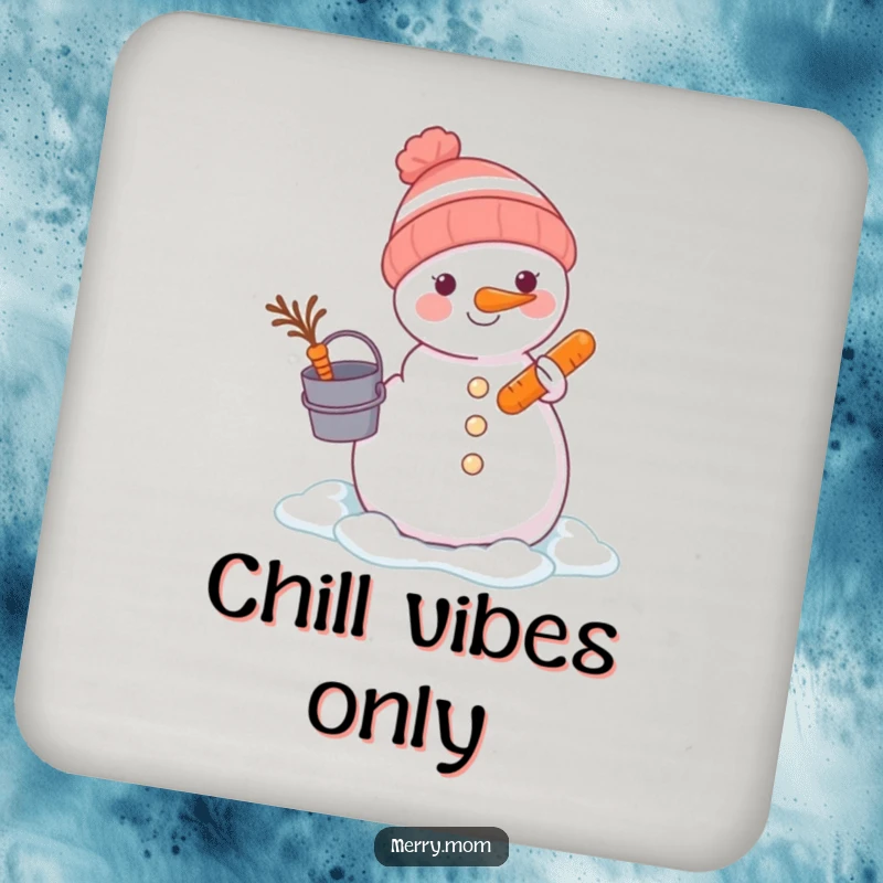 Funny animal with bucket and carrot building a snowman on a drink coaster, adding winter charm to tabletops.
