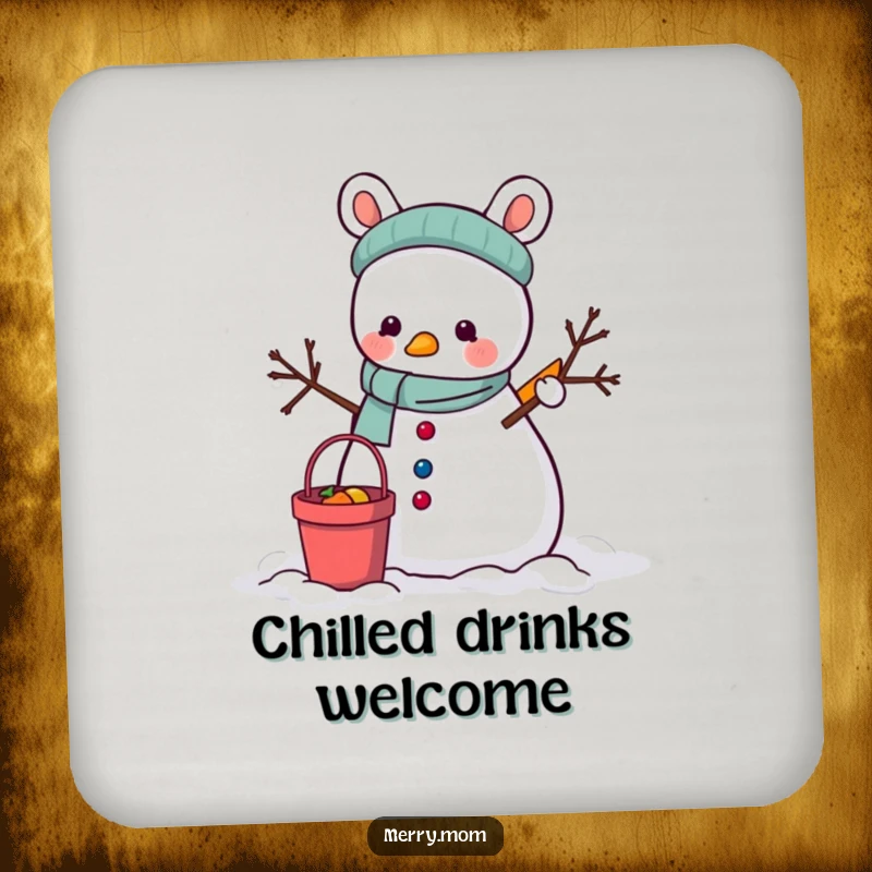 Funny Coaster: An animal using a bucket and carrot to build a snowman, protecting surfaces with winter charm.
