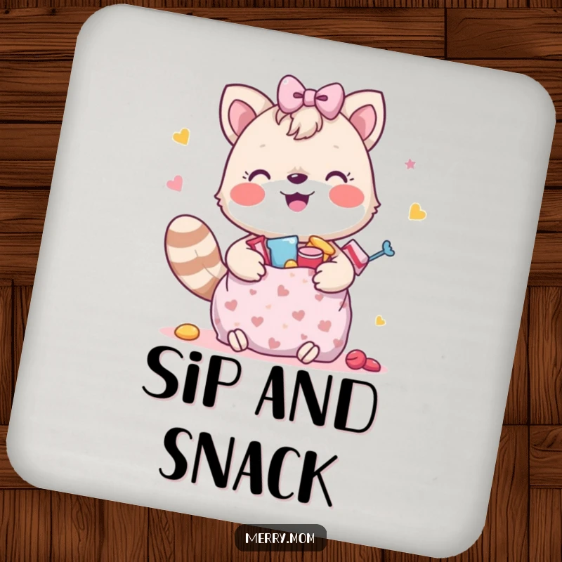 Funny drink coasters depicting a happy animal holding a gift bag overflowing with treats, adding cheer to any table.
