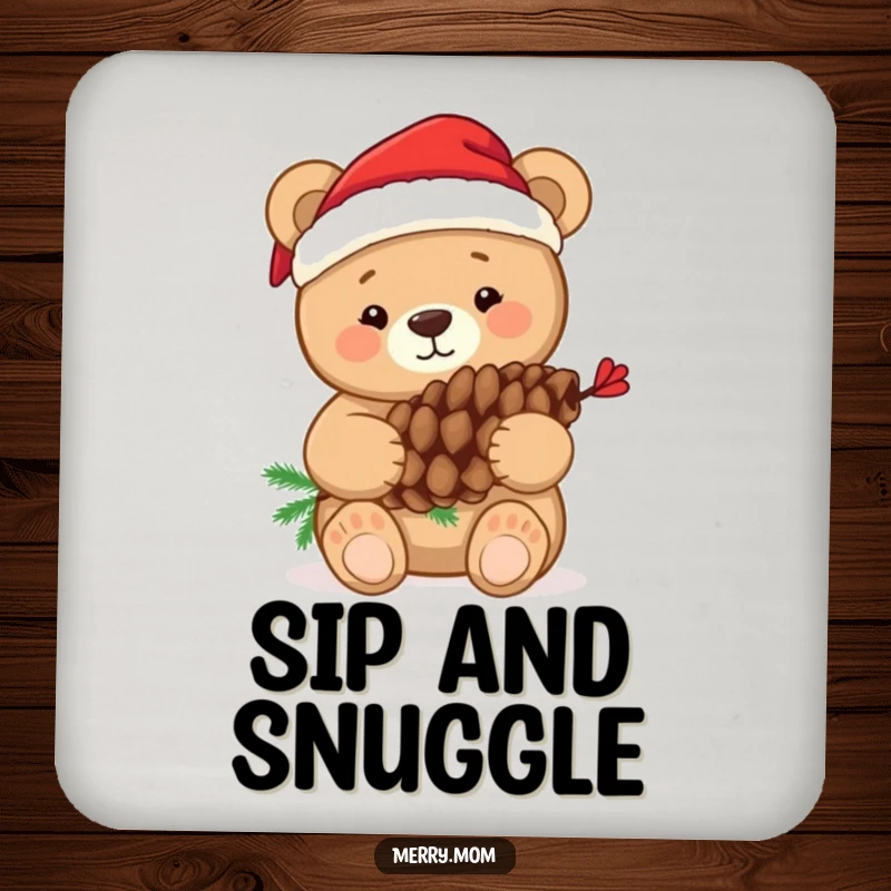 Funny coaster featuring a bear in a Santa hat hugging a pine cone, adding festive charm to tabletops.