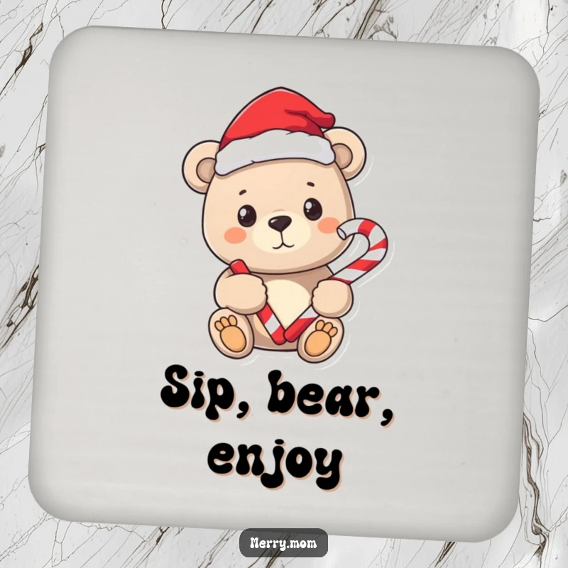 Funny drink coaster set featuring a sweet bear wearing a Santa hat, holding a candy cane.