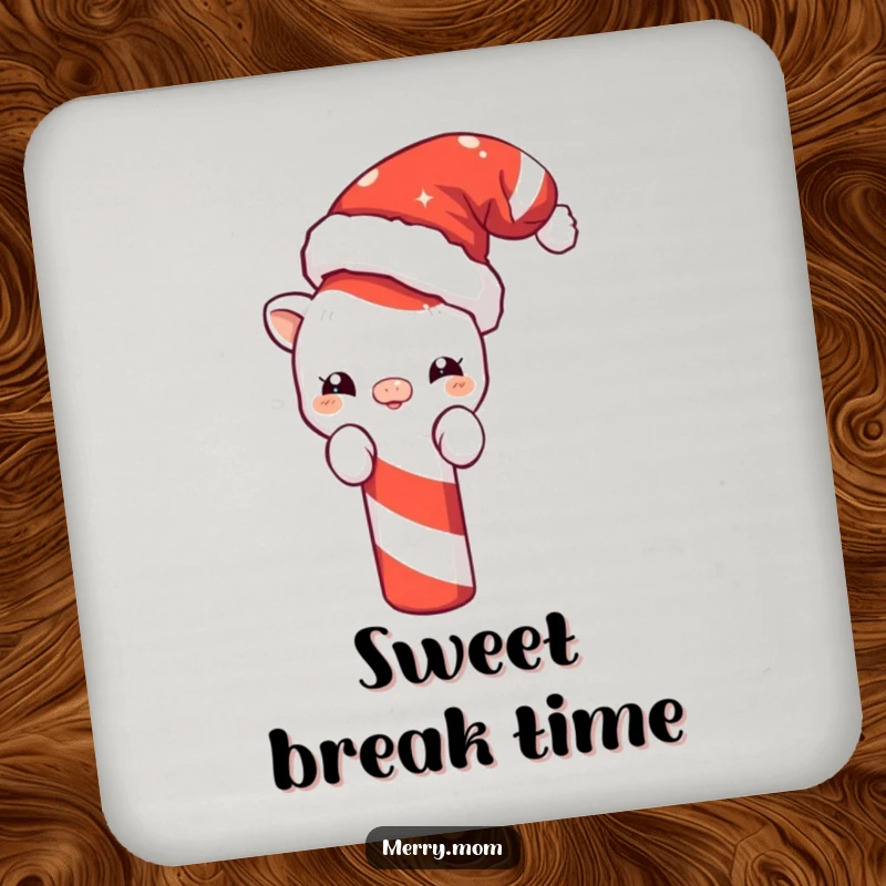 Funny drink coaster with a cute creature wearing a Santa hat, peeking from behind a giant candy cane, protecting surfaces humorously.