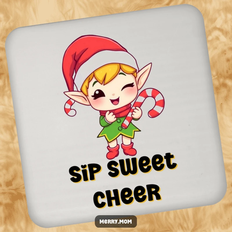 Funny drink coaster set showcasing a merry elf winking and offering a candy cane.