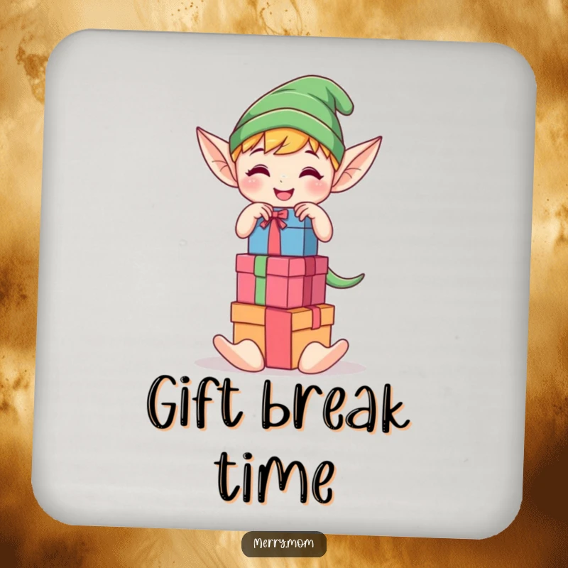 Funny Kawaii elf character joyfully stacking colorful gift boxes on drink coasters, a humorous and protective holiday accessory.