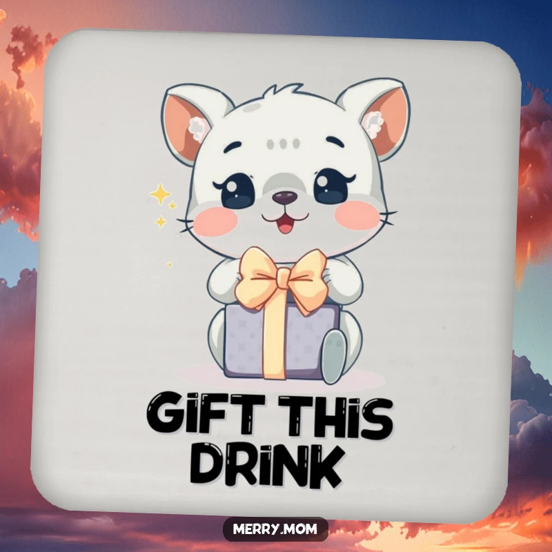 Funny coasters showing an animal with sparkling eyes, excitedly unwrapping a gift, perfect for holiday gatherings.