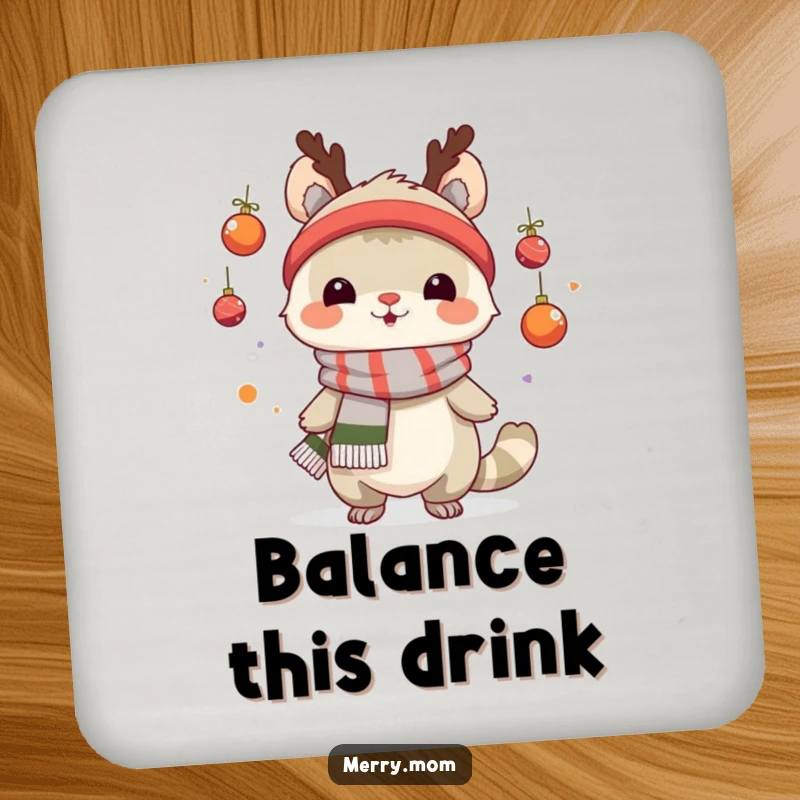 Funny coasters depicting a creature in a scarf juggling tiny ornaments, perfect for holiday gatherings.