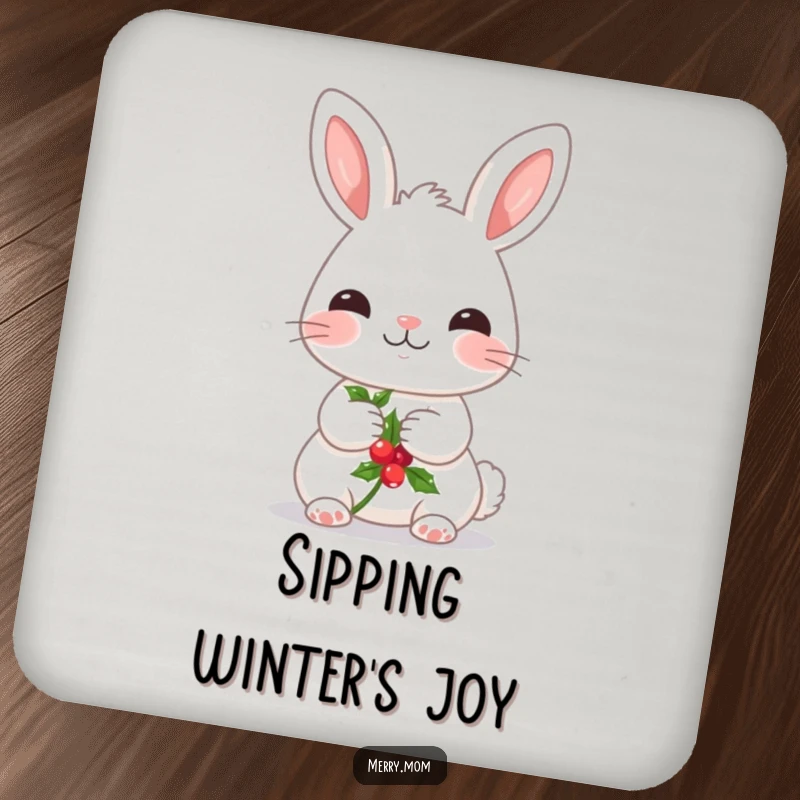 Funny drink coaster featuring a kawaii bunny with rosy cheeks, holding a sprig of holly, a sweet and festive addition.