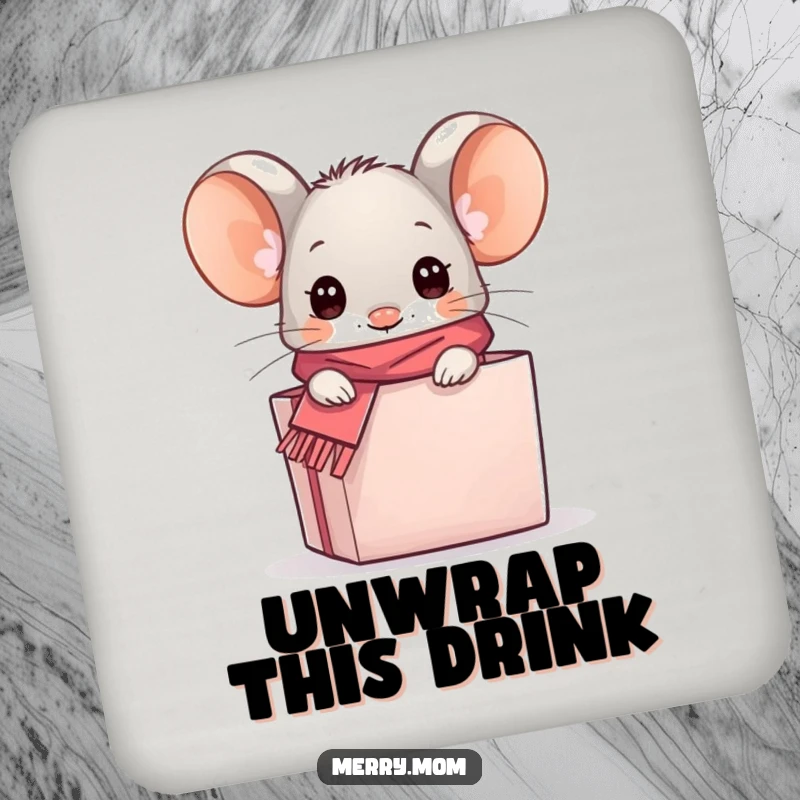 Funny kawaii mouse peeking from a gift box on a drink coaster, a small but humorous addition to any table.