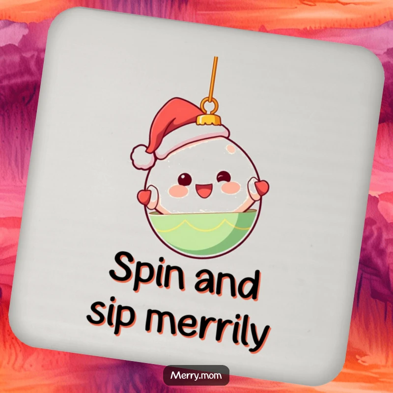 Funny drink coasters featuring a cute Kawaii Christmas ornament character happily spinning, protecting surfaces with holiday humor.