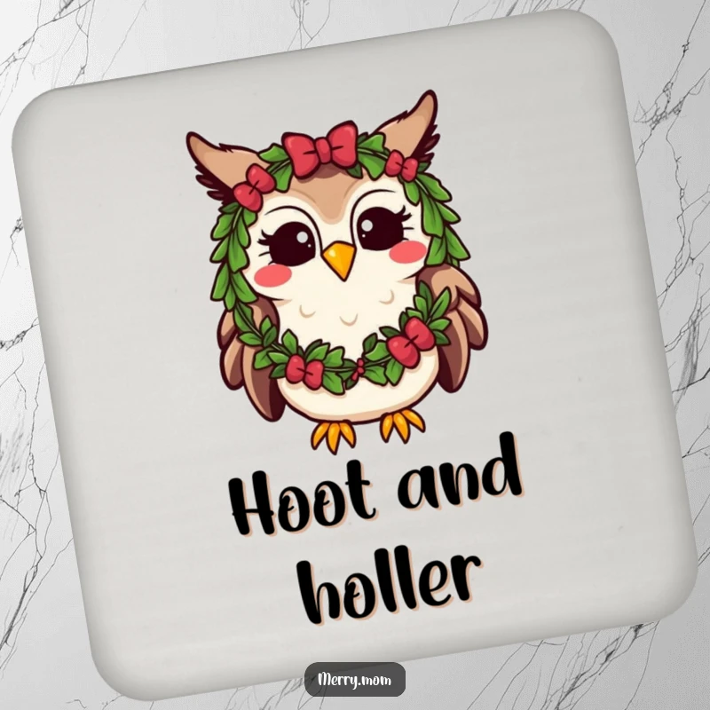 Funny Kawaii Owl Coasters (Set of 4), protecting tables with festive charm, adorned with wreaths and hooting happily.