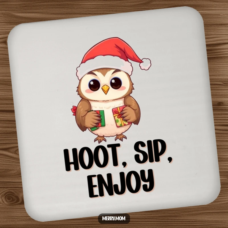 Funny drink coaster set featuring a smiling owl wearing a Santa hat, delivering presents.