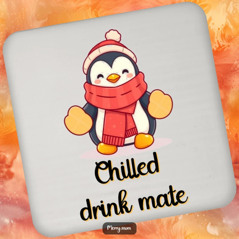 Funny Penguin Coasters (Set of 4) showing a cartoon penguin wearing a festive scarf and mittens, protecting surfaces.