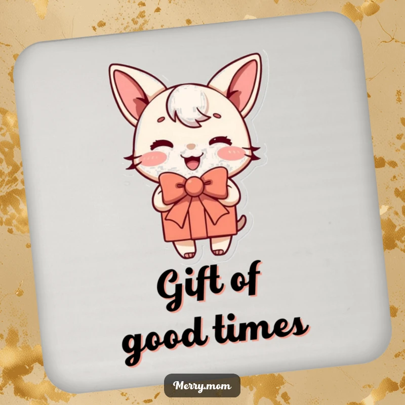 Funny drink coasters featuring a joyful present character with a jauntily tied bow, adding festive charm and protection.