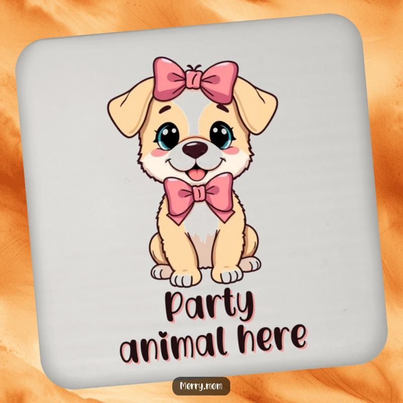 Funny playful puppy wearing a festive bow on a protective drink coaster, adding cute canine charm.