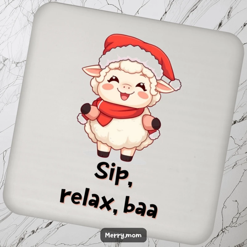 Funny drink coaster set featuring a fluffy sheep dressed as Mrs. Claus, beaming with joy.