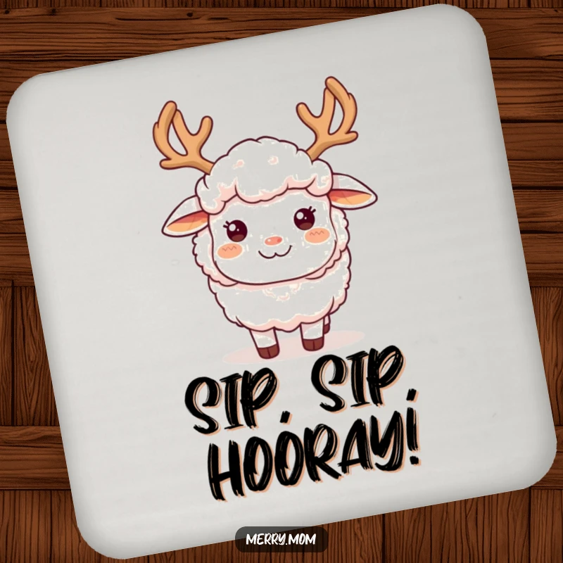Funny sheep wearing reindeer antlers and a smile, protecting surfaces with holiday humor on a drink coaster.