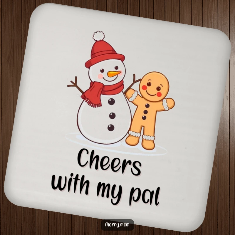 Funny Christmas coaster with a jolly snowman and a waving gingerbread man, safeguarding surfaces with holiday flair.