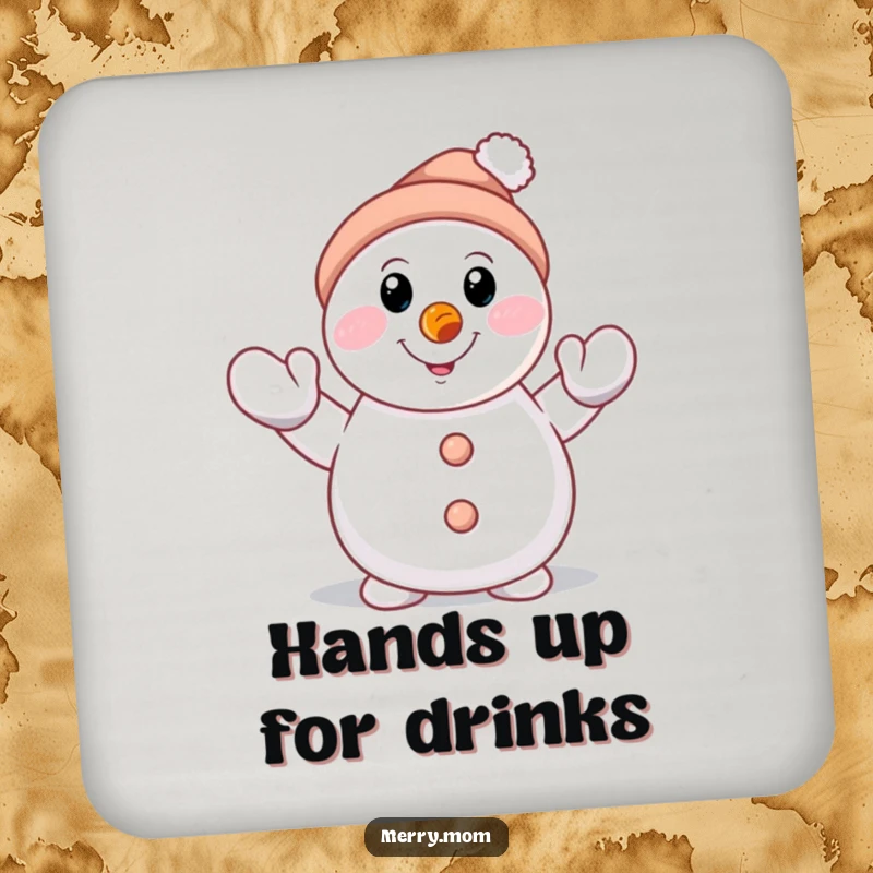 Funny smiling snowman character with carrot nose, waving a mittened hand on drink coasters, a humorous and protective winter accessory.