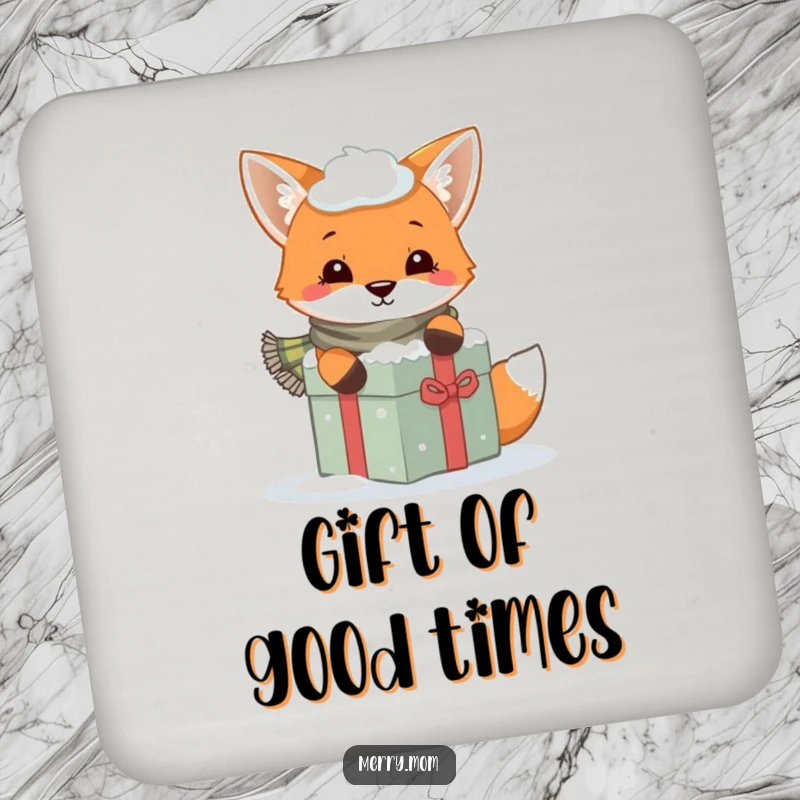 Funny coaster featuring a playful fox in a scarf peeking from behind a snow-covered gift, adding winter charm.