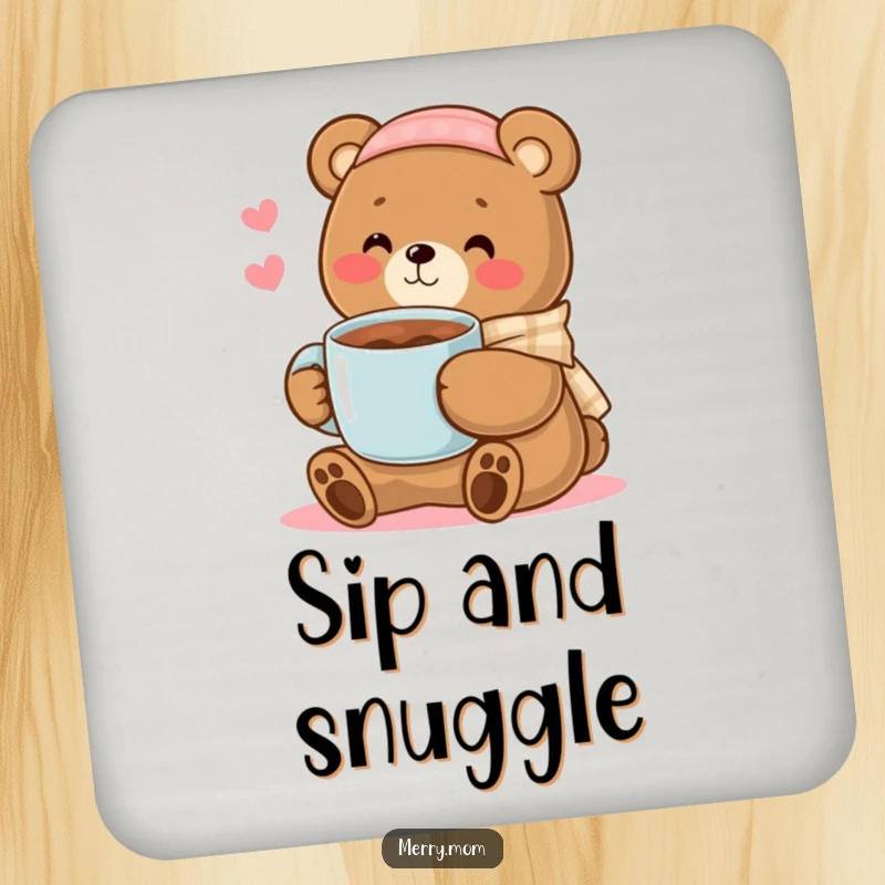 Kawaii bear mom offering a mug of cocoa, a humorous and practical coaster for cozy gatherings.