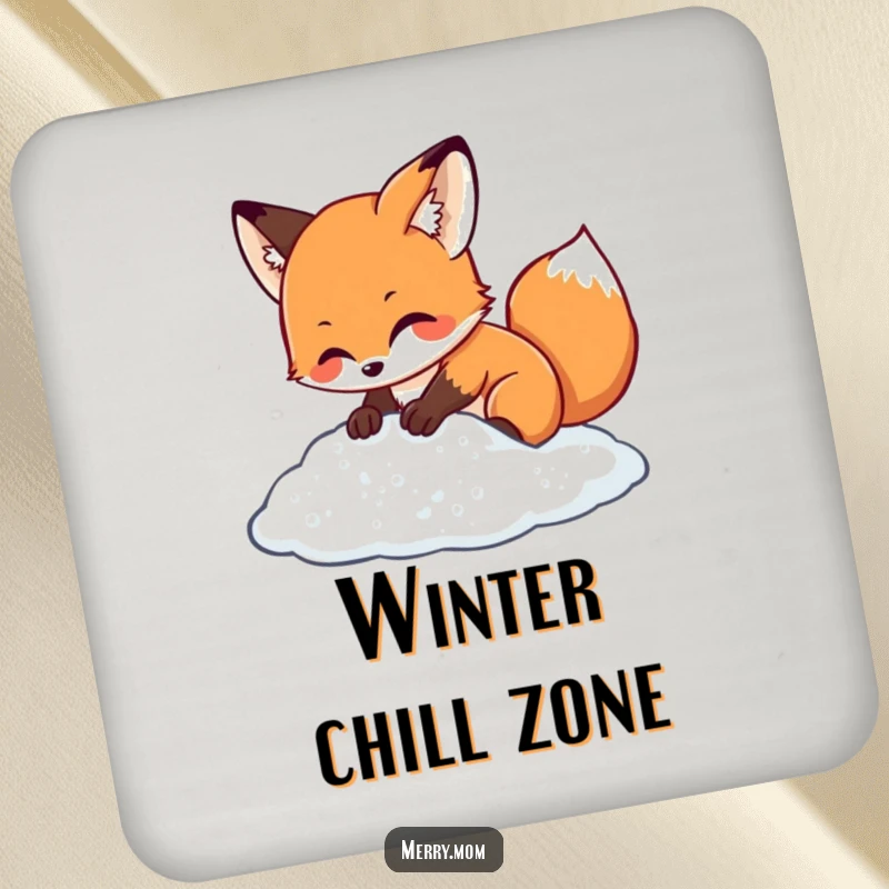 Kawaii fox character digging in sparkling snow, a humorous and practical coaster for winter gatherings.