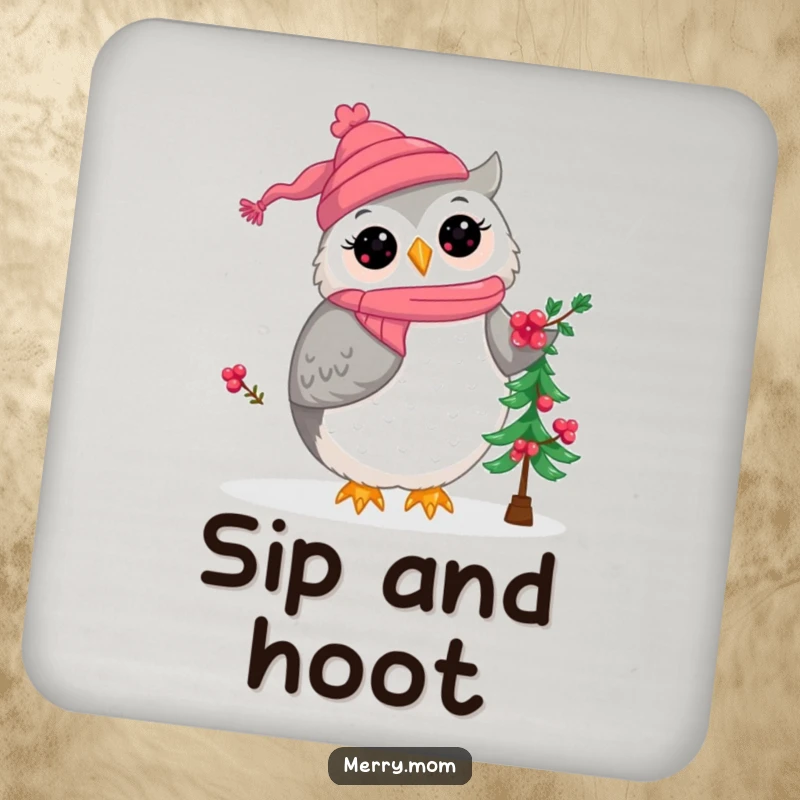 Kawaii owl mom character decorating a small Christmas tree, a humorous and practical coaster for holiday gatherings.