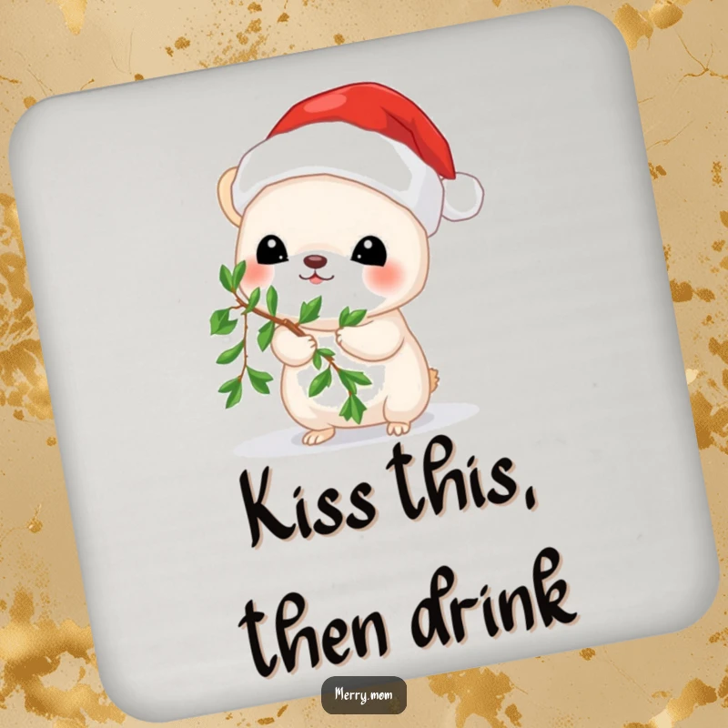 Funny coasters featuring a cute animal in a Santa hat holding mistletoe, perfect for holiday parties.