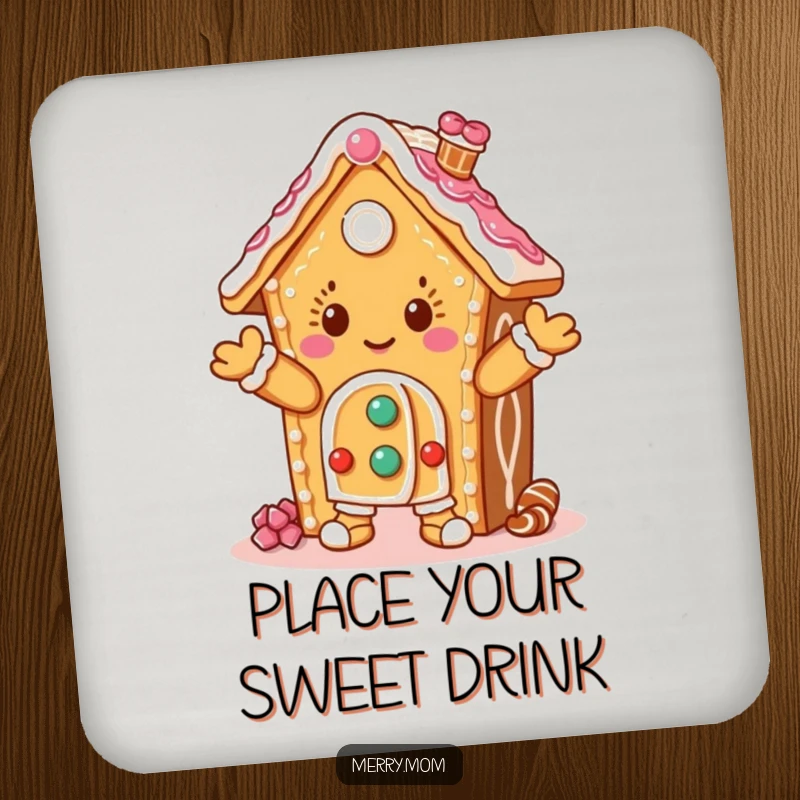 Funny drink coasters with a dancing gingerbread house character, protecting surfaces with festive charm and humor.