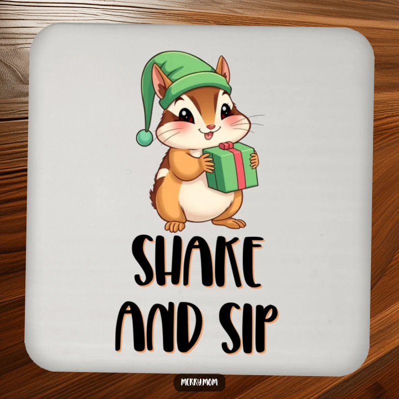 Funny drink coaster set featuring a playful chipmunk wearing an elf hat, shaking a present.