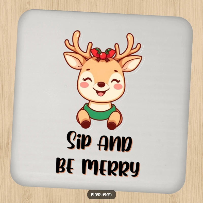 Funny set of drink coasters showcasing a kawaii deer mom with cheerful holiday antlers, protecting tables with style.