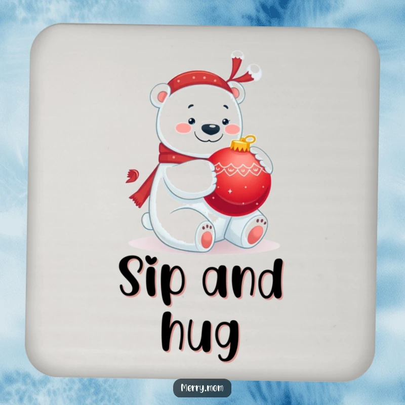 Funny drink coaster set showing a jolly polar bear hugging a big red ornament, adding holiday flair.