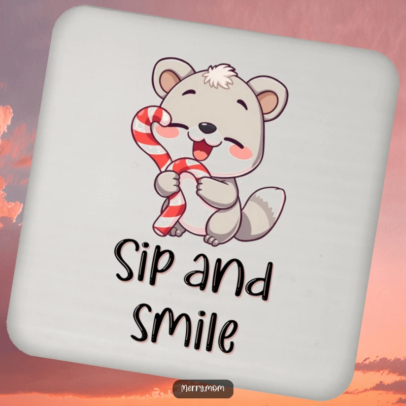 Funny drink coaster, animal with candy cane and wink, festive decor, protects surfaces.