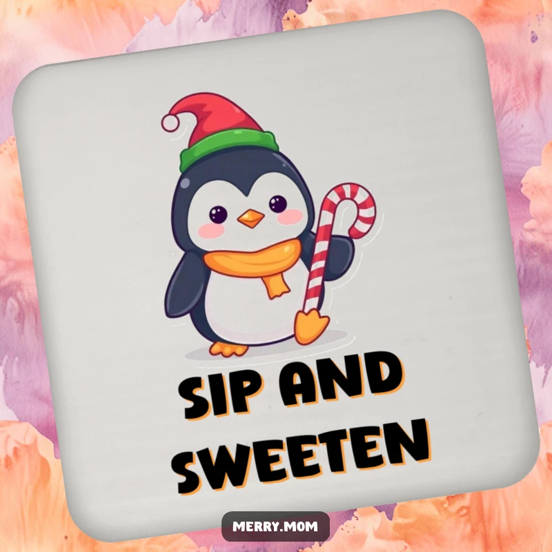 Funny Kawaii Penguin Coasters (Set of 4), protecting tables with festive charm, wearing elf hats and holding candy canes.
