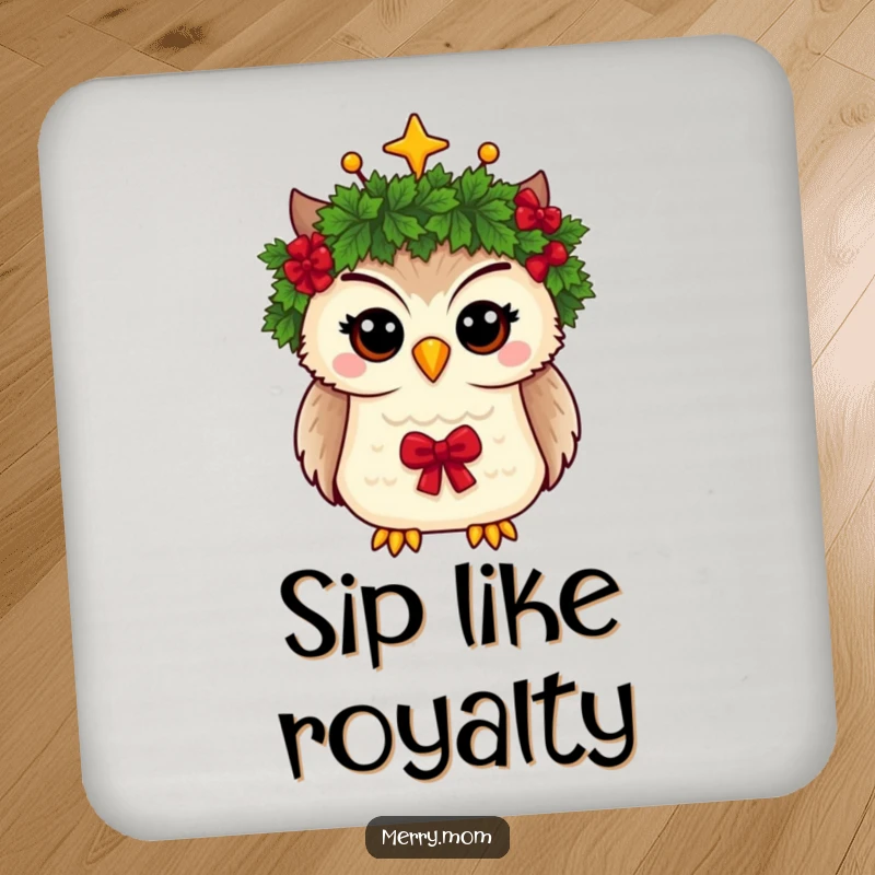 Funny coaster featuring a whimsical owl crowned with a Christmas wreath, adding festive charm to any surface.