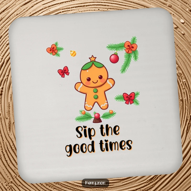 Funny drink coasters featuring a cheerful gingerbread man character decorating a festive Christmas tree, protecting surfaces with holiday humor.
