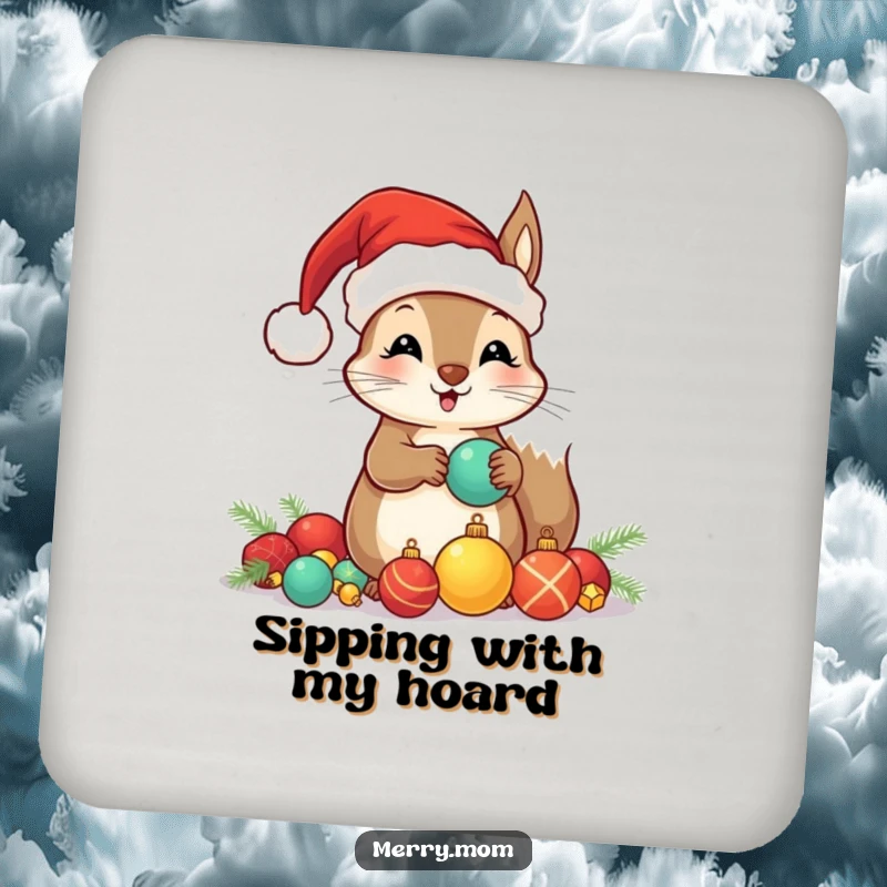Funny drink coaster featuring a kawaii squirrel in a Santa hat, collecting shiny ornaments, a festive and humorous addition.