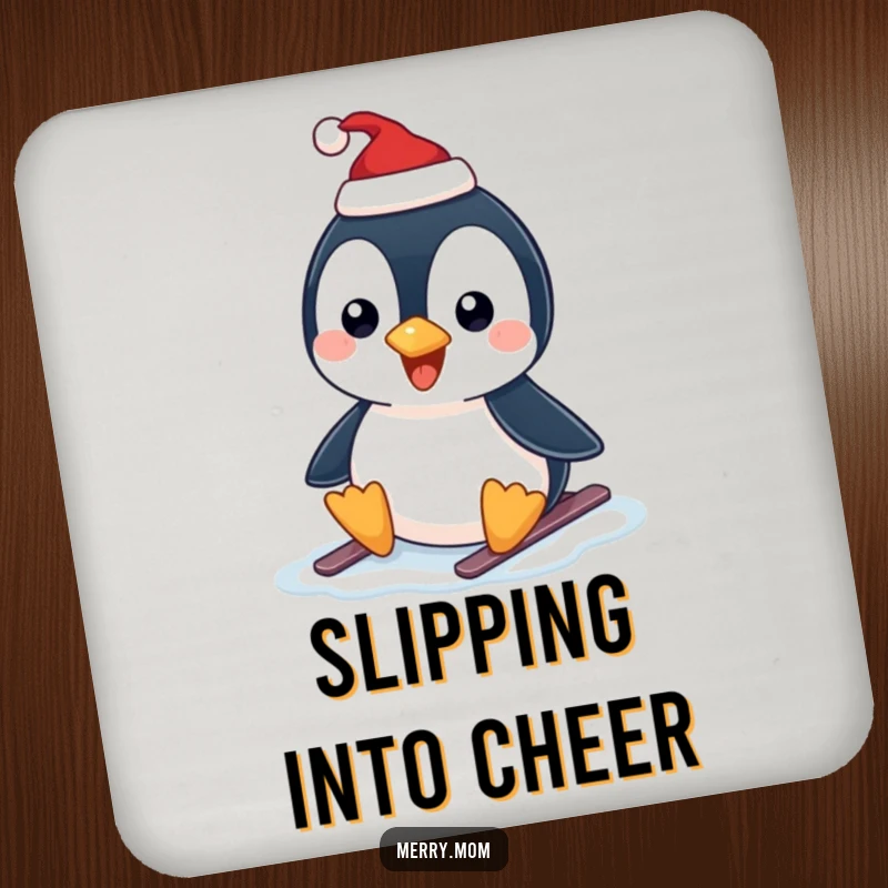 Funny drink coaster set showing a happy penguin in a Santa hat, sliding on ice, adding holiday flair.