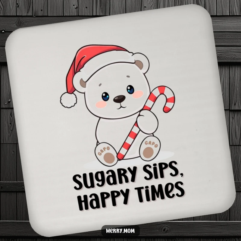 Funny Christmas coaster with a cute polar bear in a Santa hat, holding out a candy cane, safeguarding surfaces with holiday charm.