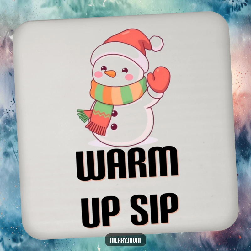 Funny kawaii snowman drink coaster featuring a cute snowman in a festive scarf waving a mitten, perfect for festive surface protection.