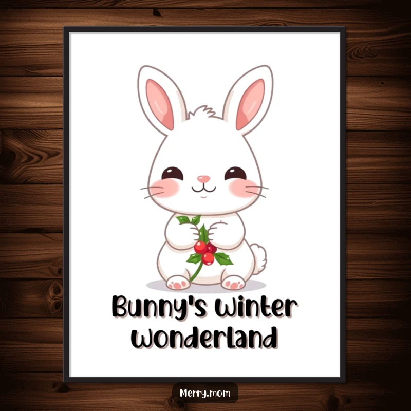 Funny poster showcasing a kawaii bunny with rosy cheeks, holding a sprig of holly, embodying festive holiday charm.