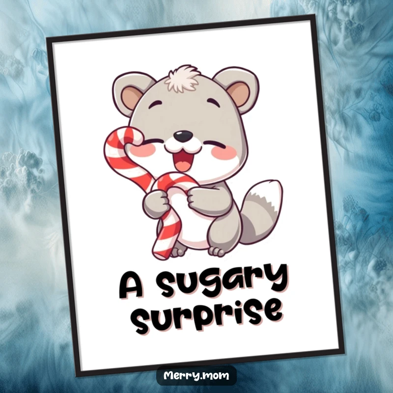 Funny poster, animal with candy cane and wink, festive wall art, cheerful and humorous illustration.