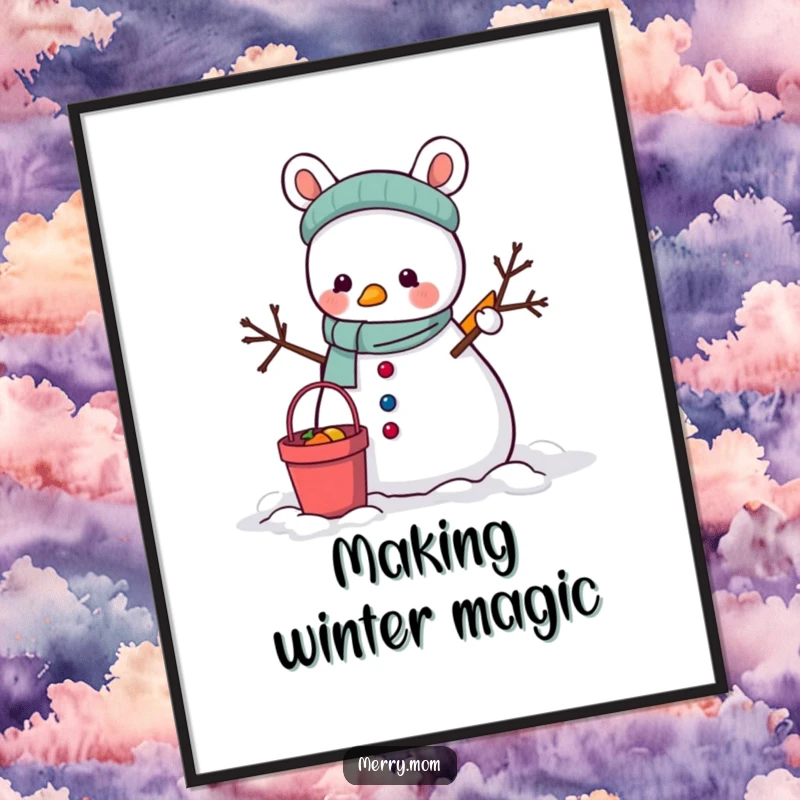 Funny Poster: An animal busy building a snowman with a bucket and carrot, capturing the essence of winter fun.