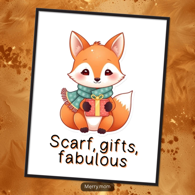 Funny festive fox wearing a sparkly scarf and holding a gift box, festive wall art, charming poster for holiday decor.