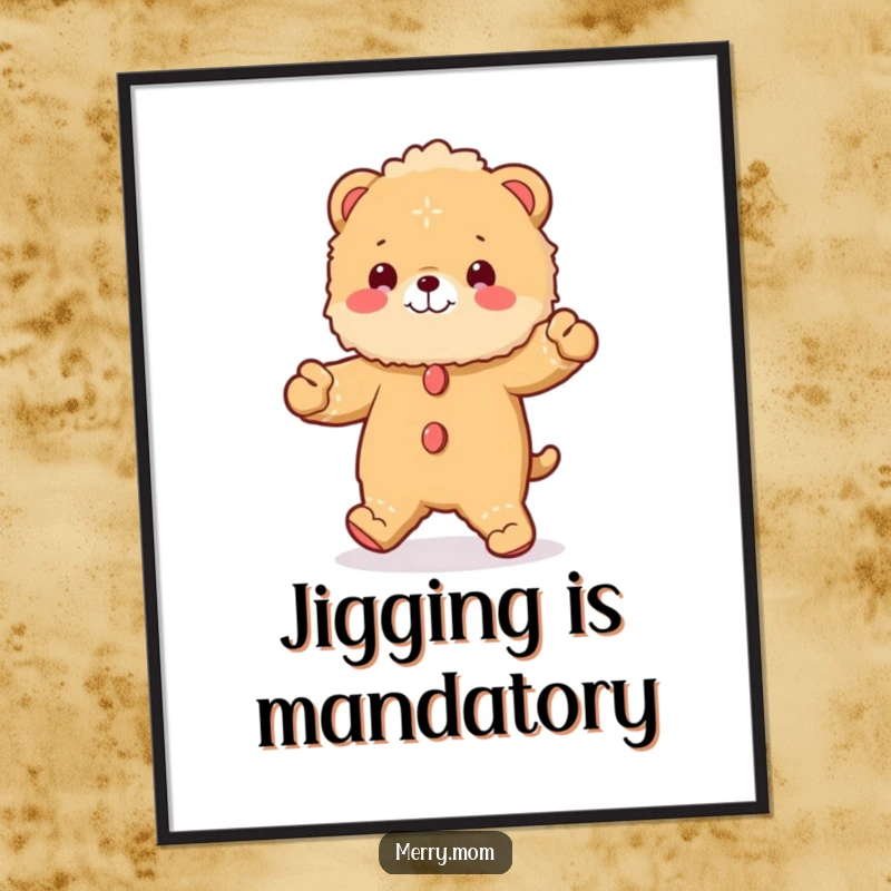 Funny poster of a fluffy animal in a gingerbread costume performing a lively jig, a whimsical holiday scene.