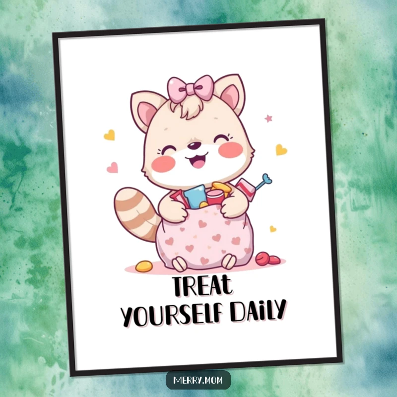 Funny poster art of a happy animal with a gift bag overflowing with various treats, bringing cheer to any room.